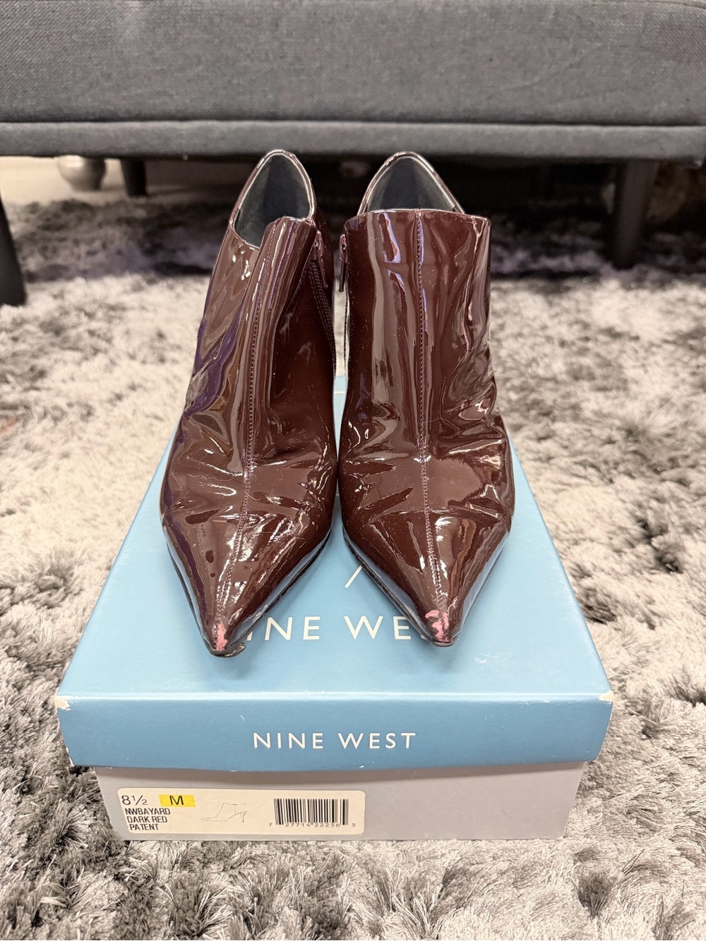 Nine West Patent Pointed Toe Ankle Booties in Dark Burgundy